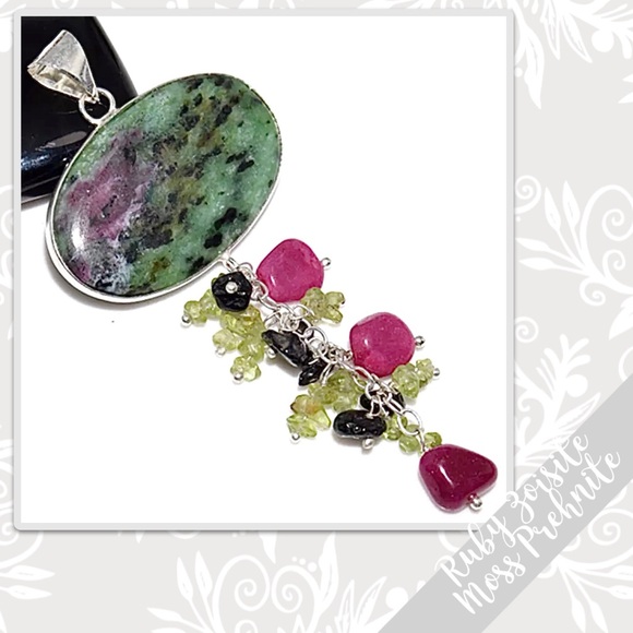 Ruby Zoisite, Ruby, Moss Prehnite Silver Artisan Beaded Tassel Pendant, 3.5”